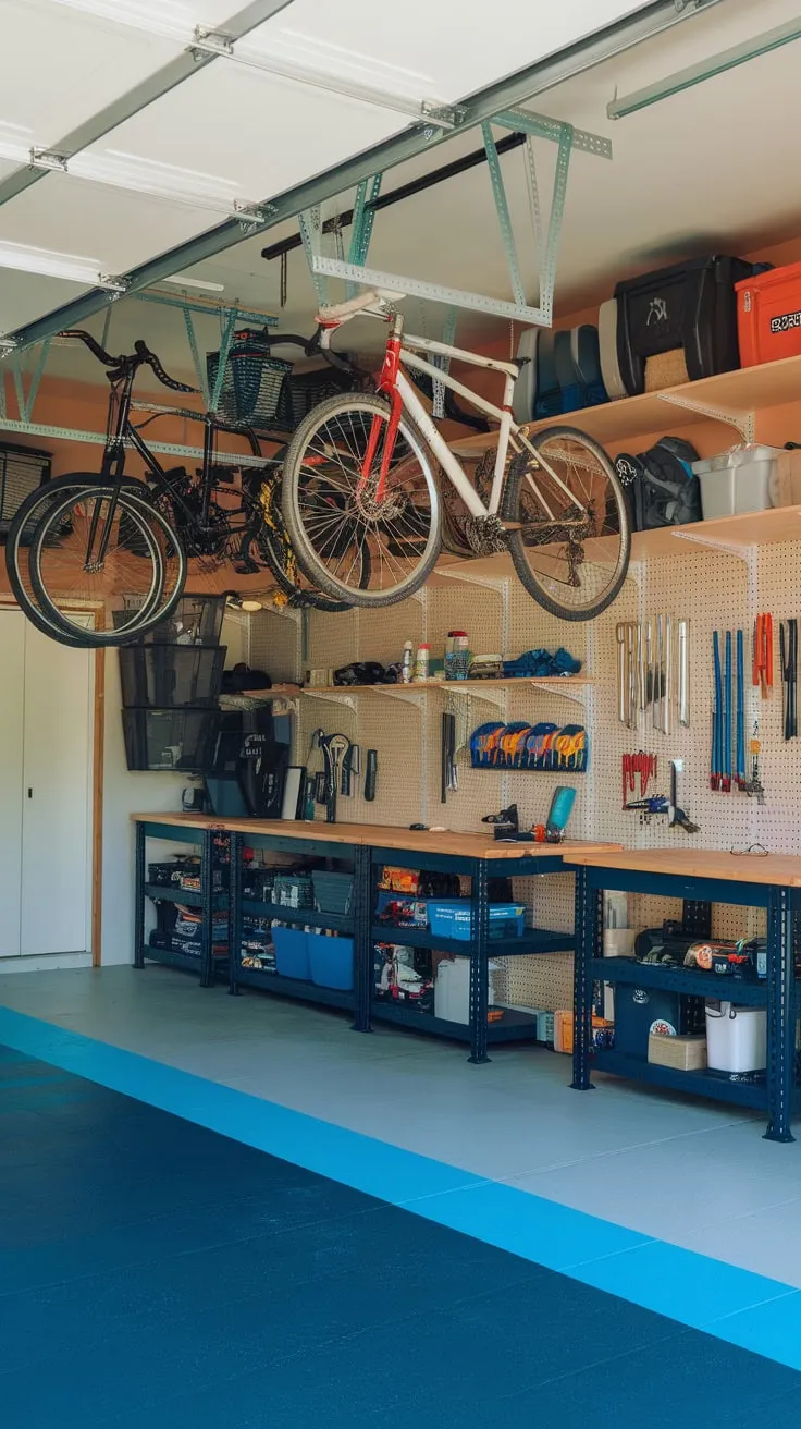 A stylishly organized garage features a vibrant checkerboard floor and cleverly maximizes space with hanging bike storage, workbenches, and wall-mounted tool organization.