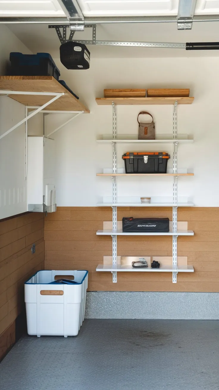 White and wood accents create a clean, organized, and aesthetically pleasing garage space.