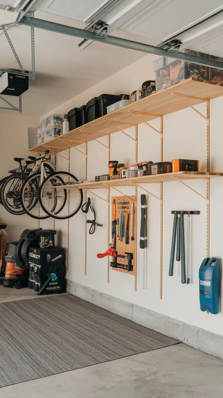 Maximize your garage space with custom wooden shelving and a clever bike storage solution creating a functional and inviting workspace.
