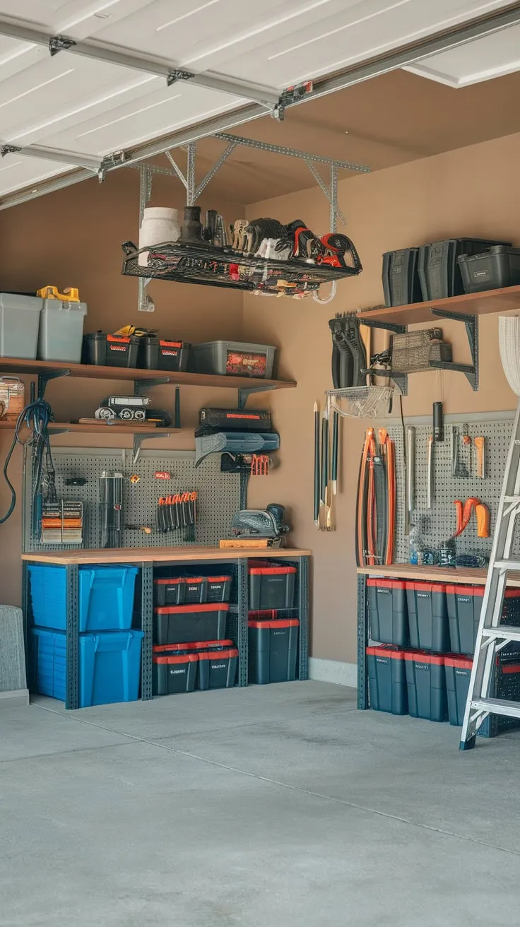 A well-organized garage boasts efficient storage, a practical workbench, and stylish decor, maximizing space and functionality.