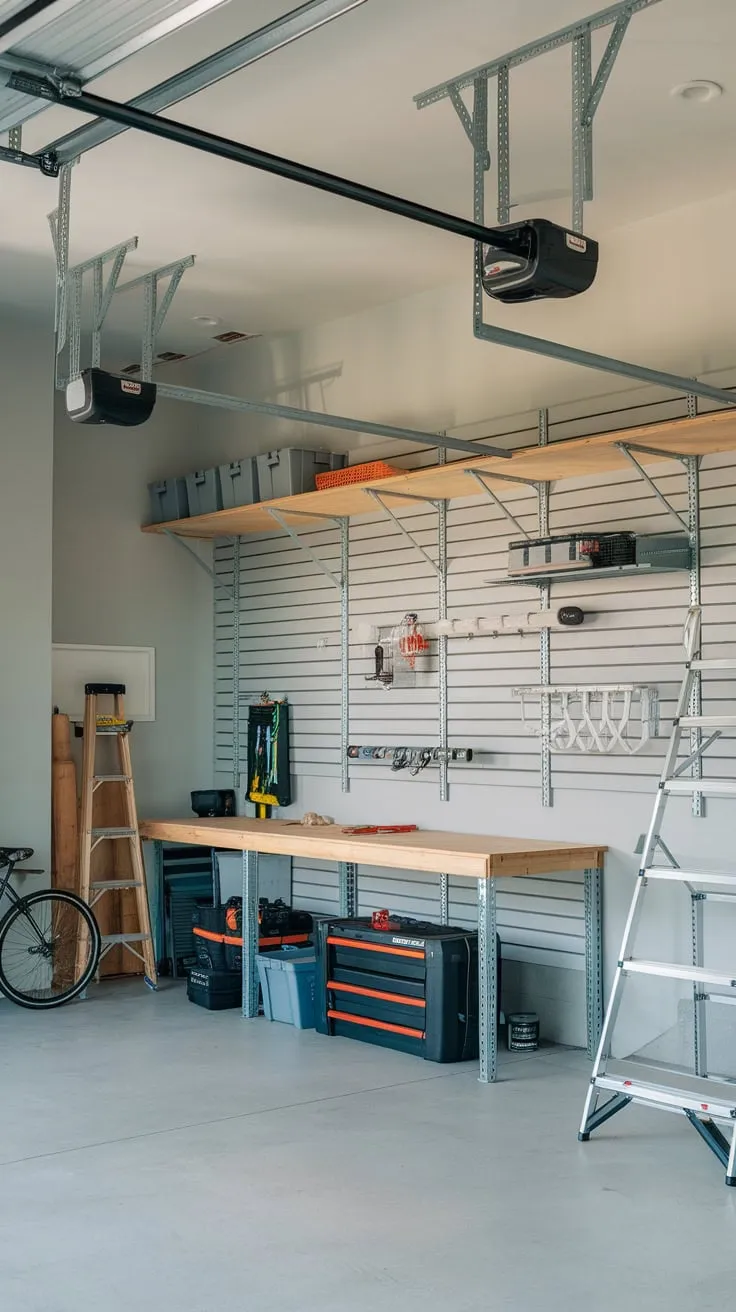 A light gray garage boasts efficient hanging storage, a workbench, and essential tools including a bike and ladder