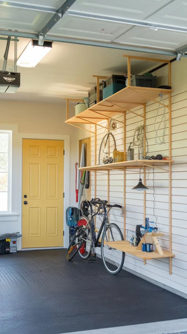 Clever DIY storage transforms a well-lit garage into an organized haven for tools, bikes, and other essentials.