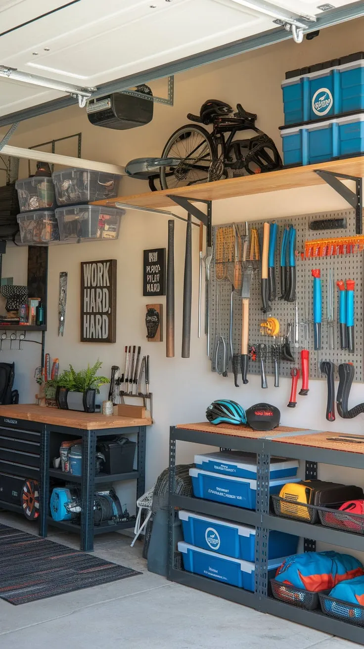 A well-organized garage boasts clever storage solutions, a vibrant decor, and a motivational atmosphere, blending practicality with personality