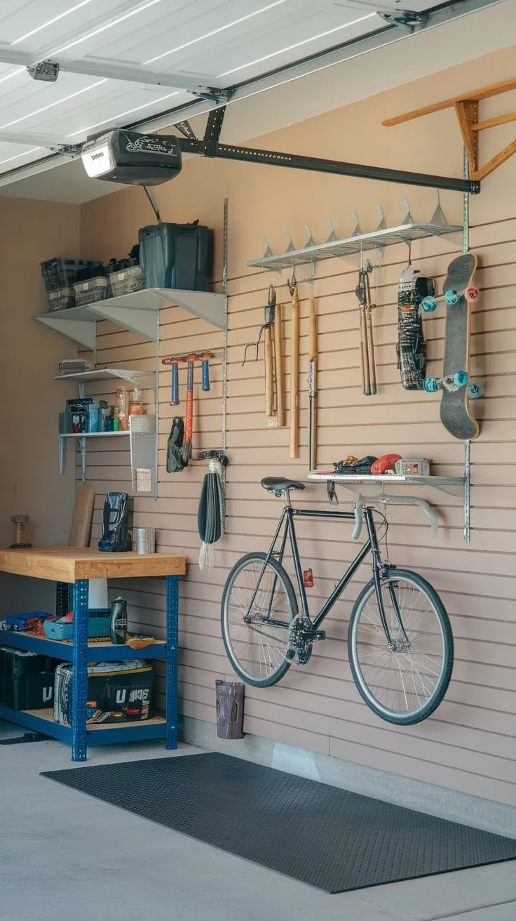 Efficient DIY garage storage keeps tools, bikes, and more readily accessible thanks to a clever hanging system and organized shelving.