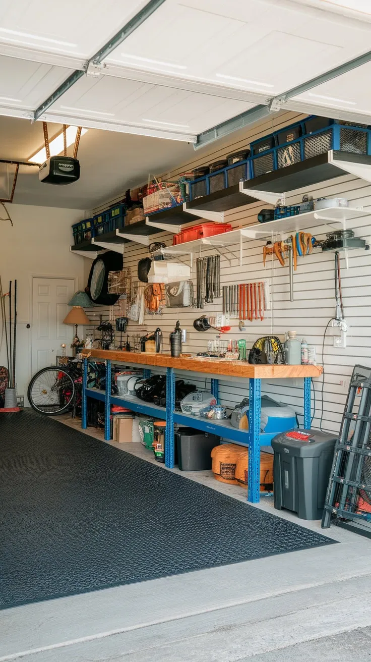 A well-organized garage blends practical storage solutions with personal touches creating a versatile and efficient space.