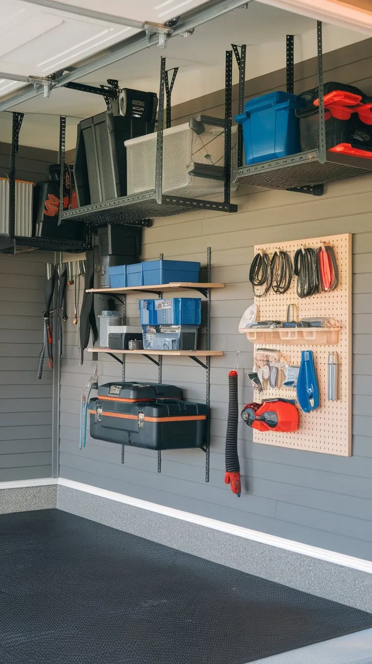 Organized and stylish, this garage utilizes diverse storage methods from hanging racks to pegboards within a grey-painted space.