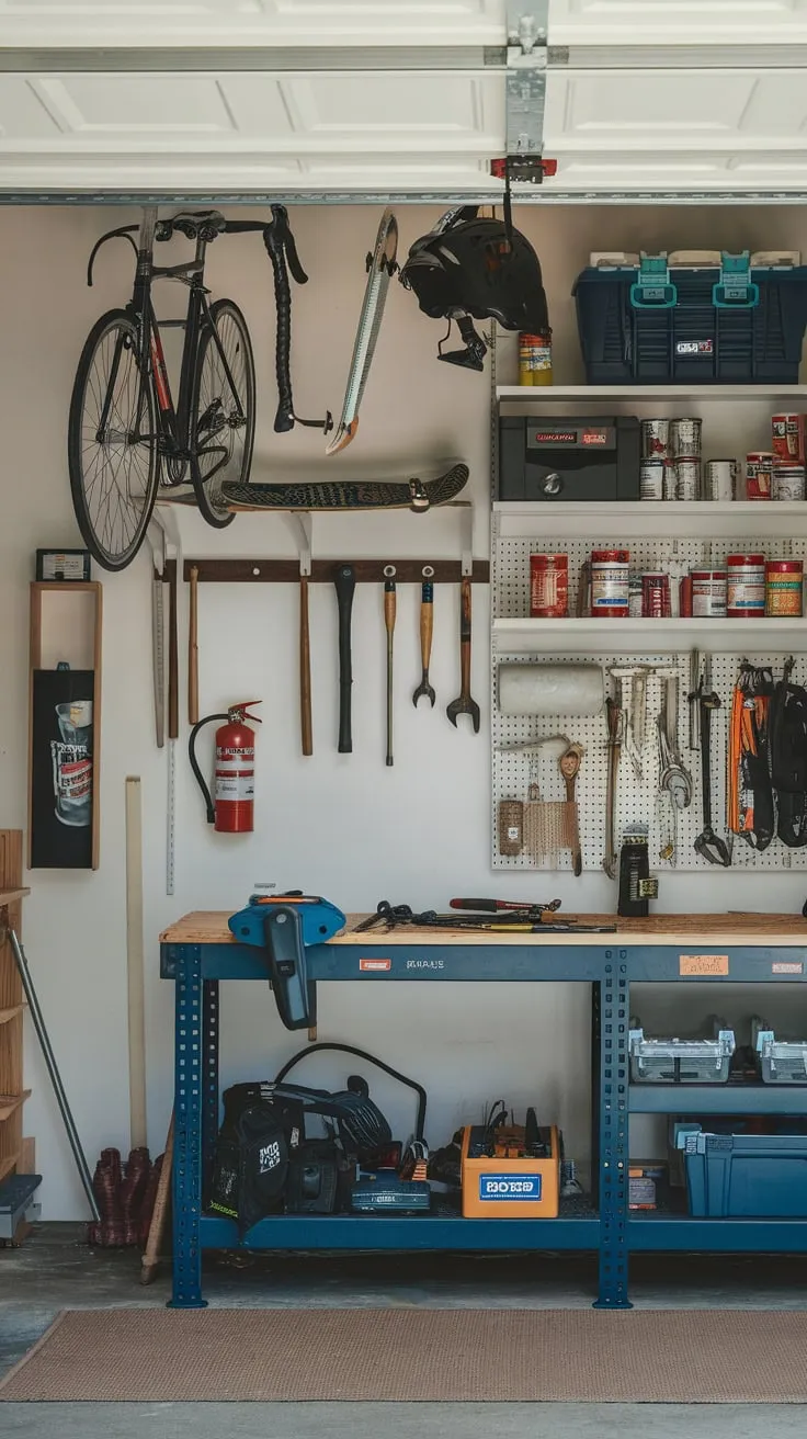 A well-organized garage boasts ceiling storage, a workbench with tools, wall shelves, and even a rug, maximizing space and functionality.