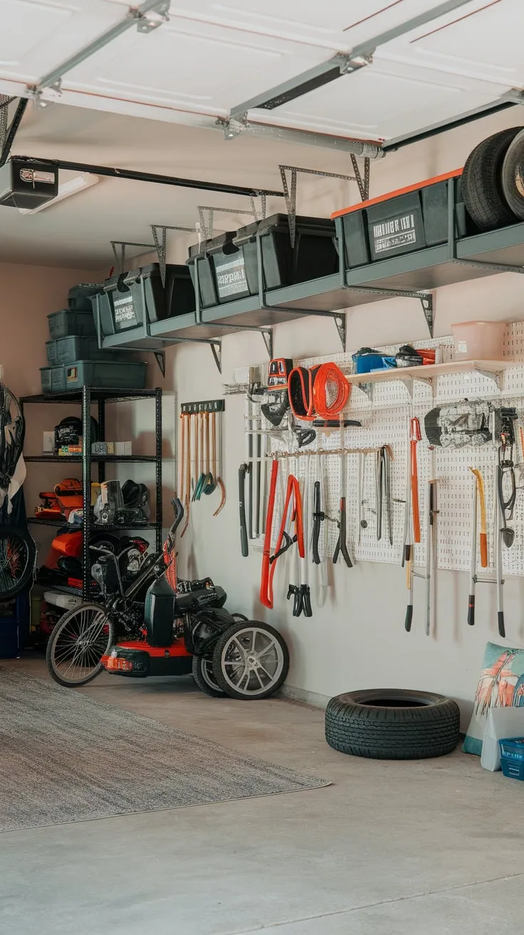 A well-organized garage boasts stylish decor, practical hanging storage, and ample shelving for tools, equipment, and recreational items.