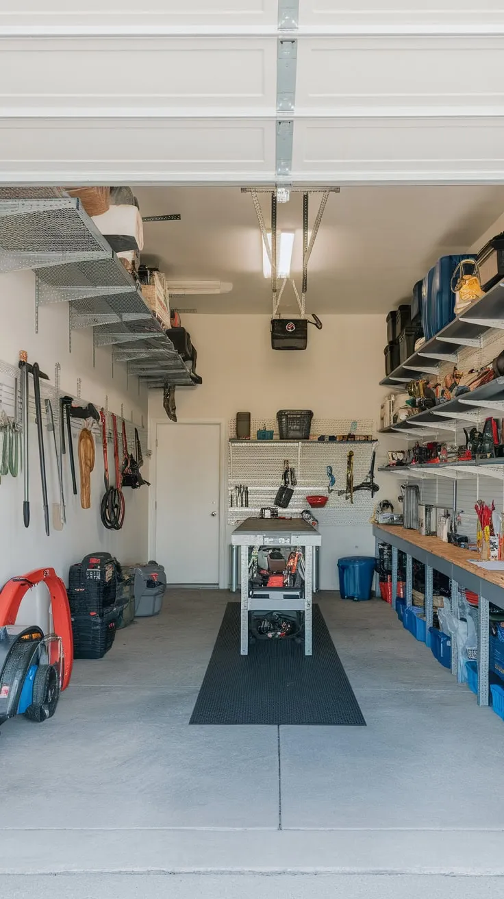 A bright white garage maximizes space with wall-mounted racks, shelves, and a central workbench, keeping tools and equipment neatly organized.