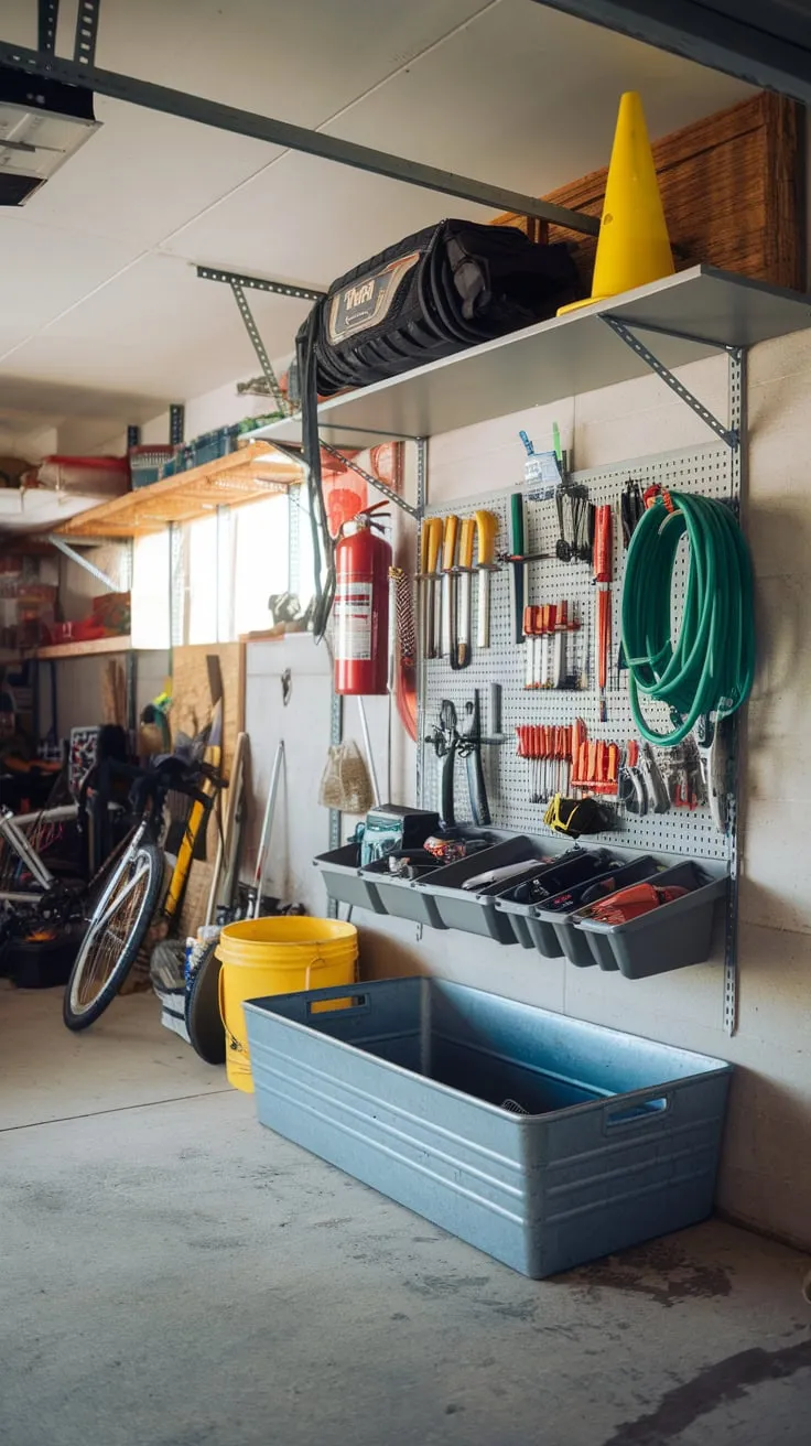 A well-organized garage boasts a DIY storage system, showcasing tools, safety equipment, and garden supplies alongside a few casually placed items.