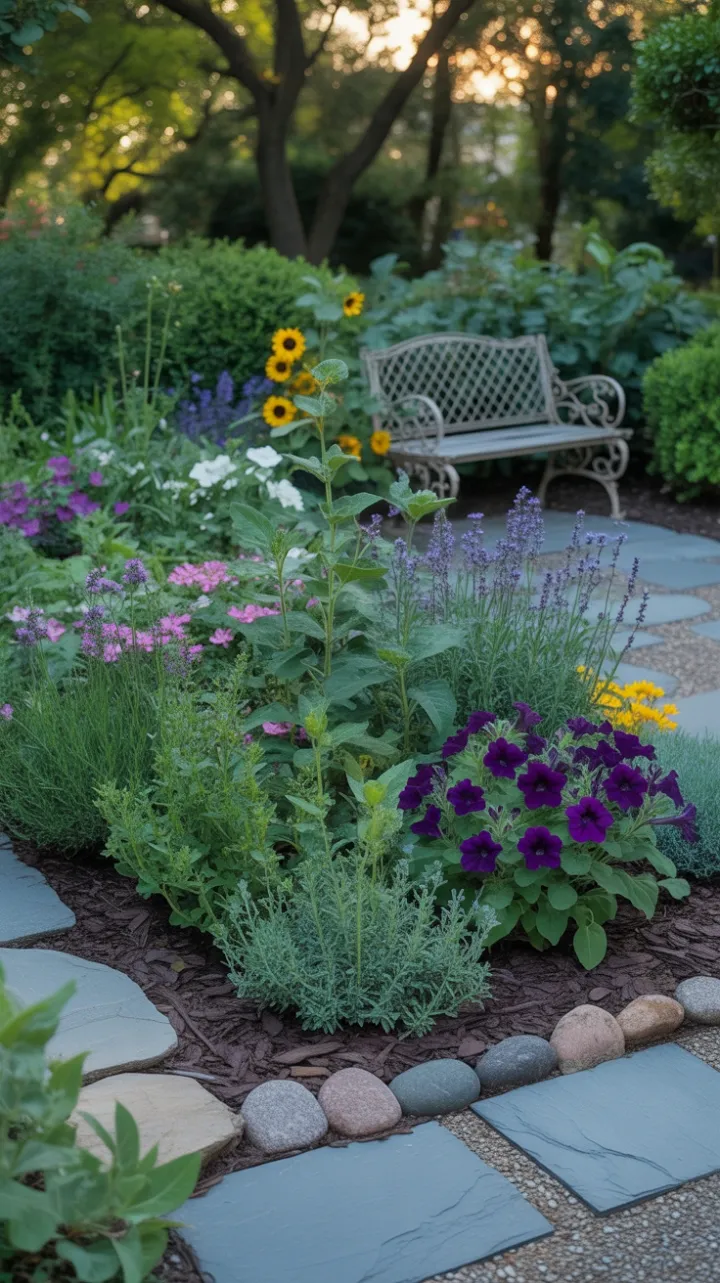 Dappled Sunlight on a Blooming Path to a Wrought-Iron Bench