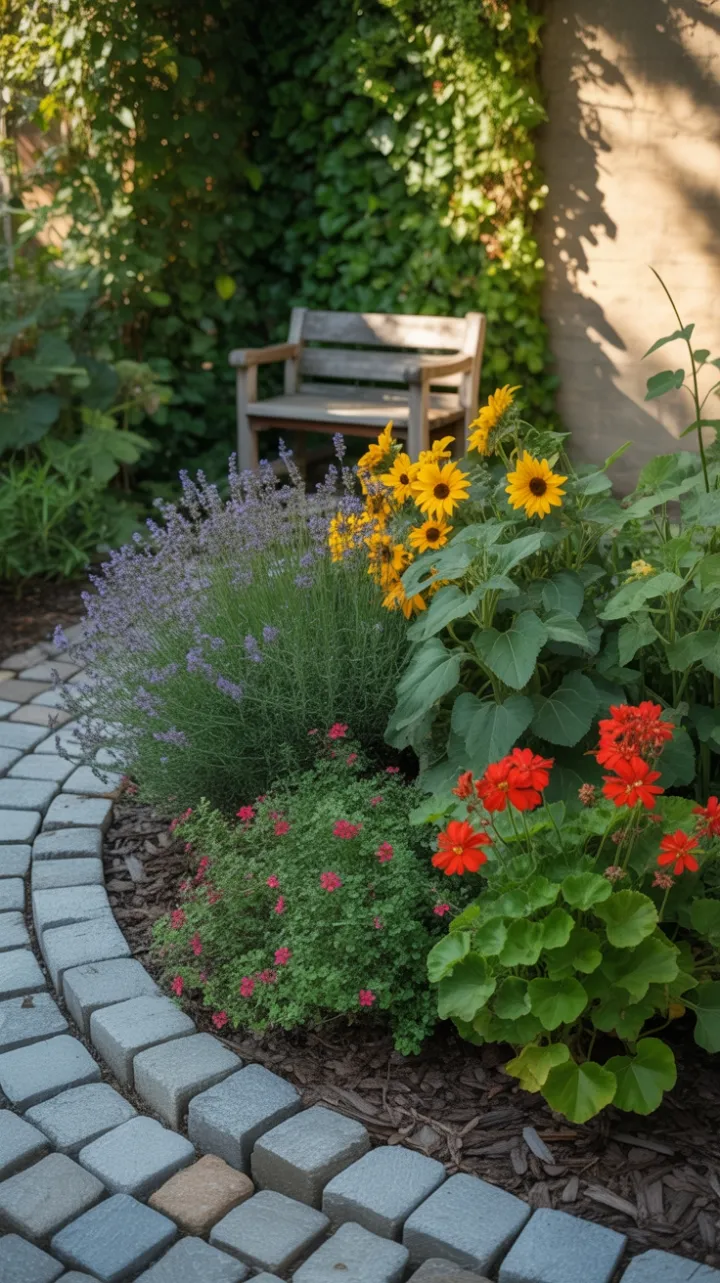 Sunlit Cottage Garden Overflowing with Lavender, Sunflowers and an Ivy-Shrouded Bench