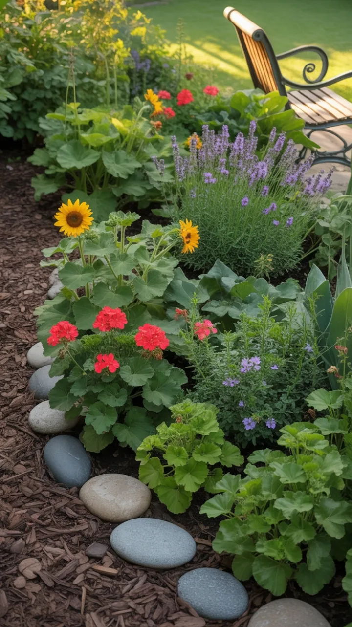 Sunlit Tapestry of Lavender, Sunflowers and Red Geraniums