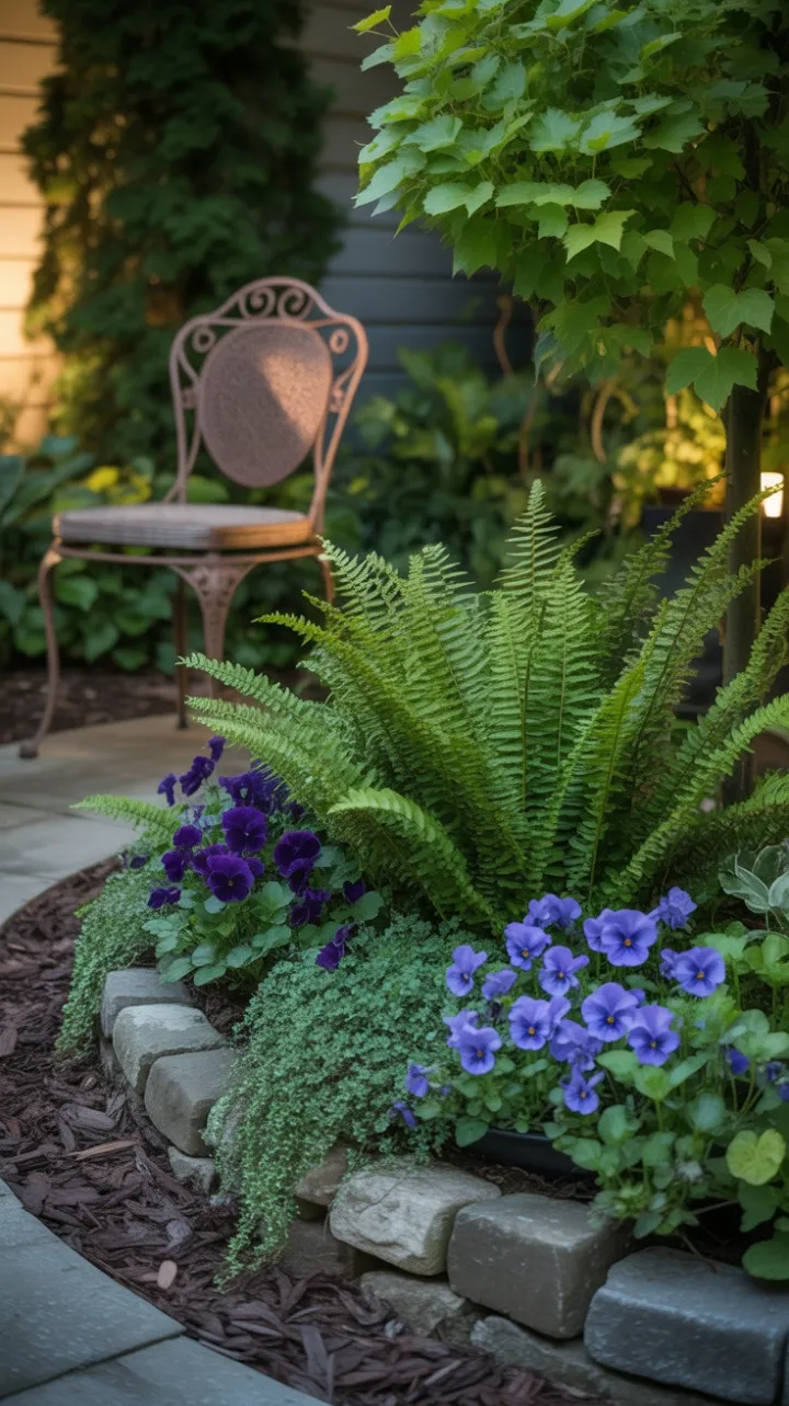 Maple-Shaded Bistro Garden of Ferns, Pansies and Weathered Stone