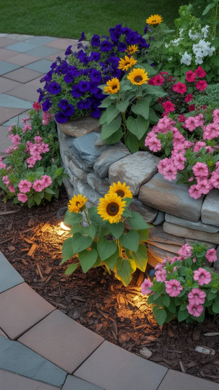 Moonlit Tiered Garden of Sunflowers, Petunias and Pink Impatiens