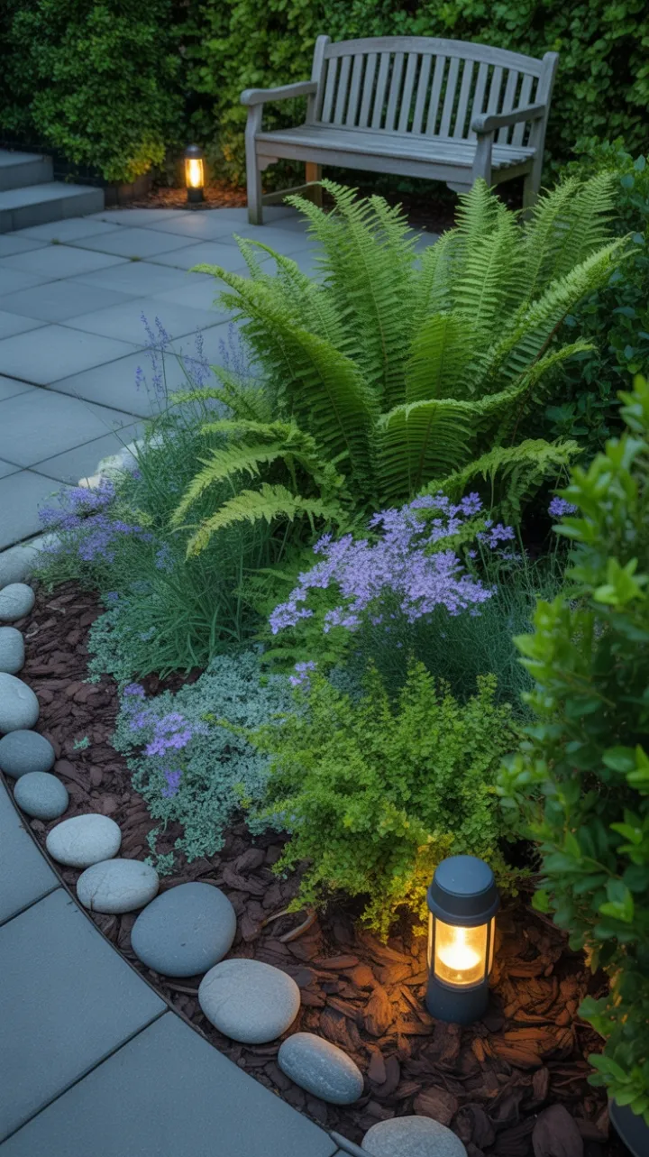 Twilight Glow on a Lavender-Lined Garden Bench