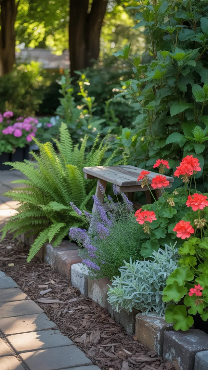 Sunlit Garden Sanctuary Nestled Among Lavender, Ferns, and Weathered Stone