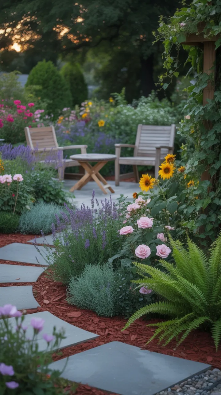 Late Afternoon Garden Sanctuary with Winding Stone Path and Blooming Splendor
