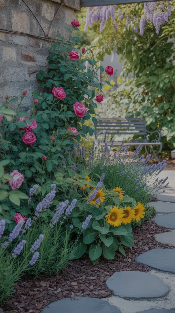 Sunlit Wisteria Pathway Through Roses, Lavender, and Sunflowers