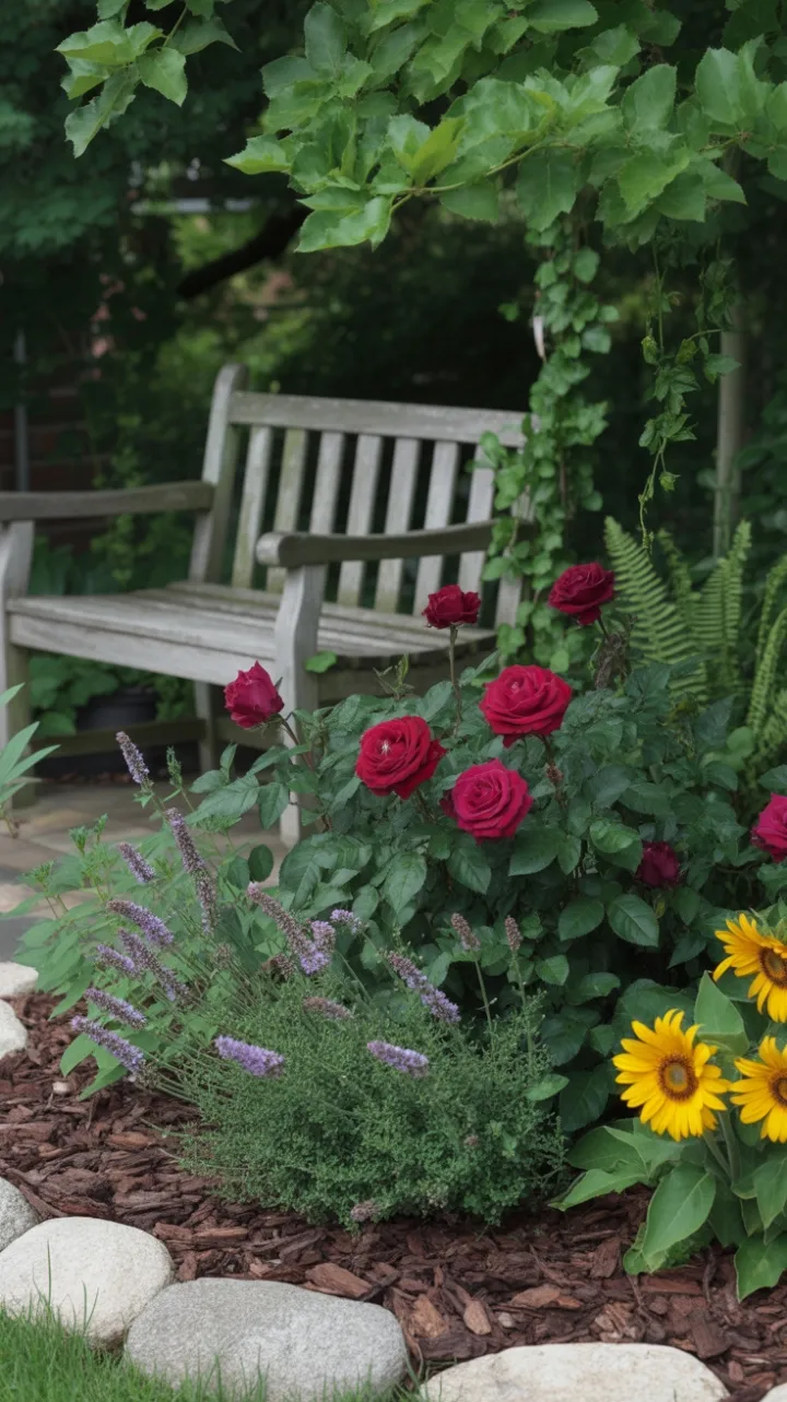 Sunlit Garden Symphony of Crimson Roses Lavender and Golden Sunflowers