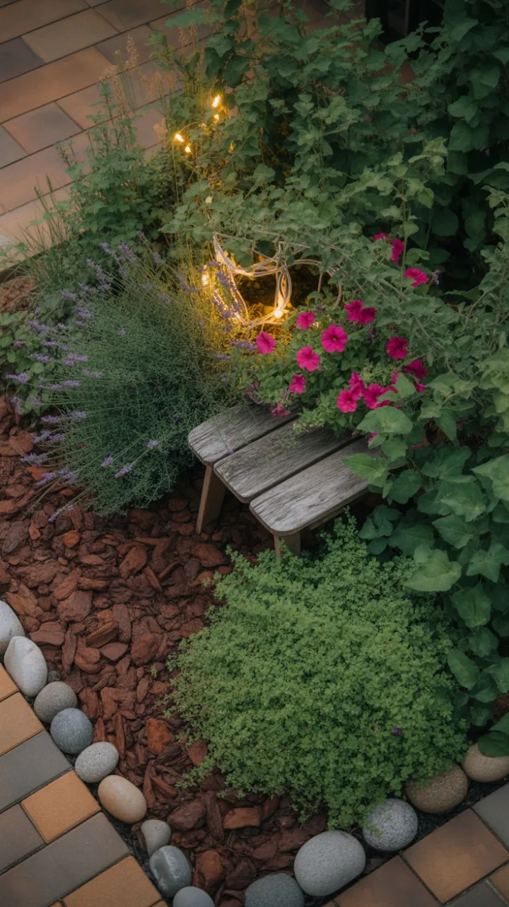 Hidden Bench in a Golden-Hour Garden of Blooms and Light