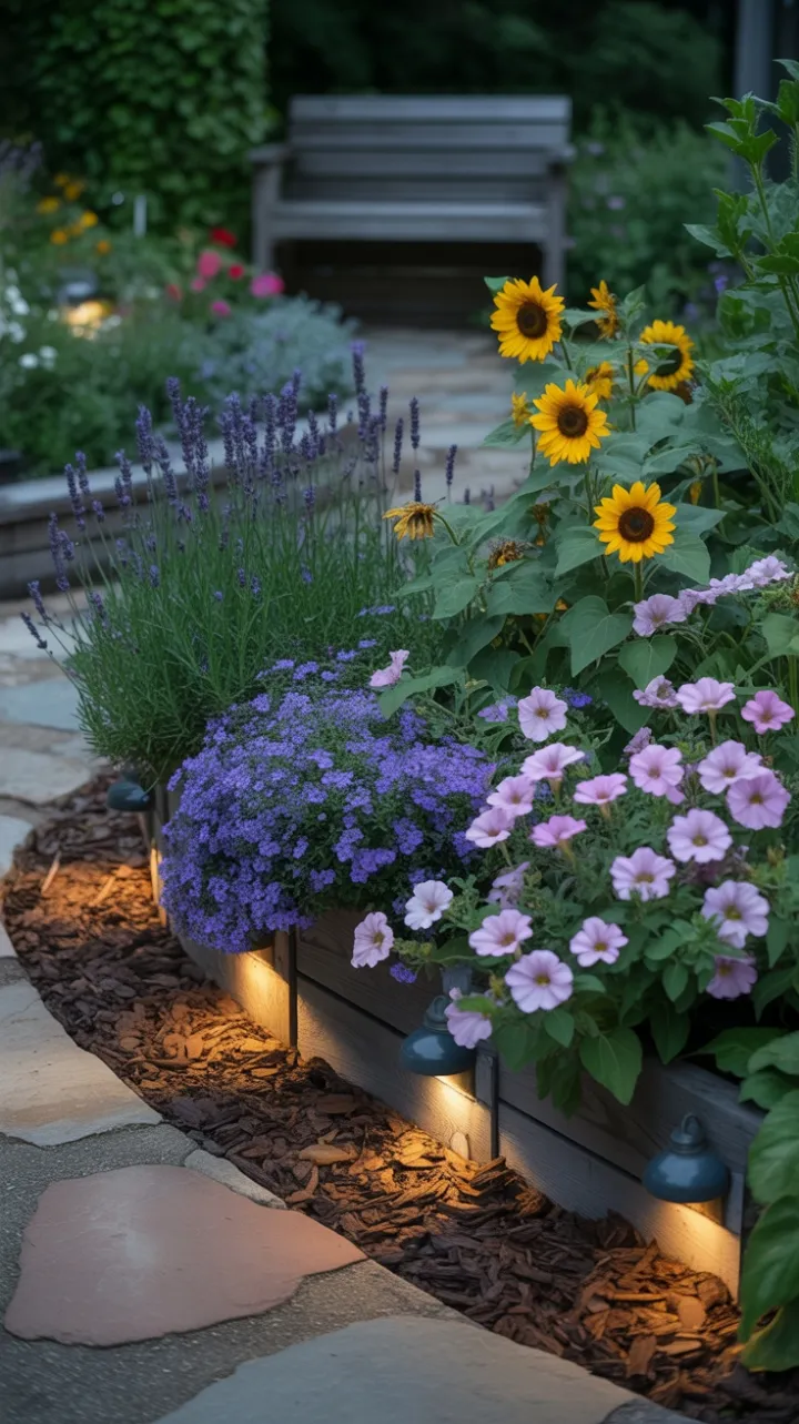 Lavender, Sunflower and Petunia Tapestry Leading to a Rustic Bench