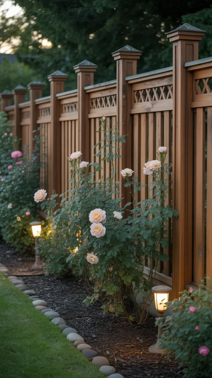 Lanternlit Roses Weaving Through Weathered Cedar