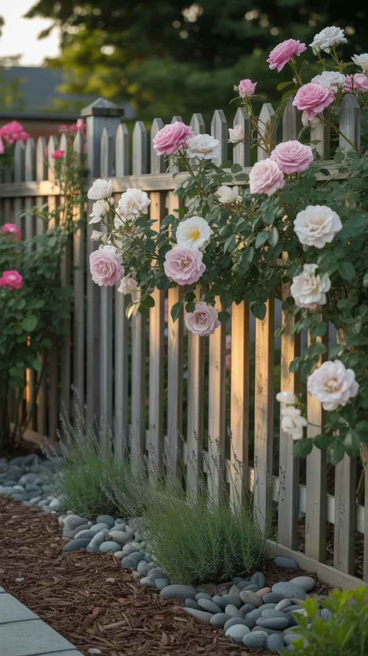 Sunlit Honey-Stained Fence Draped in Cascading Roses