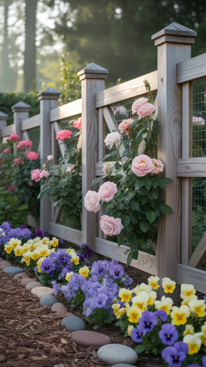 Sunlit Cedar Fence Woven with Roses and Pansies