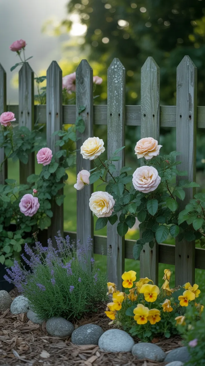 Sunlit Roses Woven Through a Weathered Green Fence