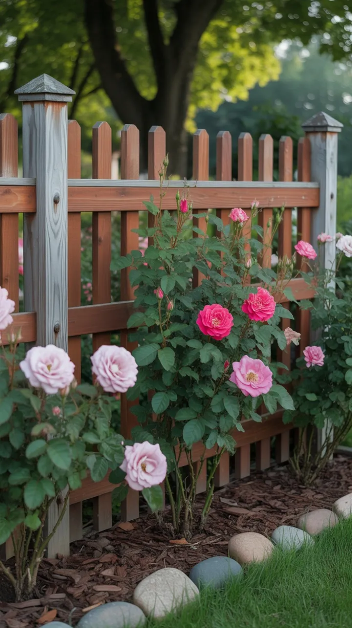 Sunlit Cedar Fence Embraced by Climbing Roses