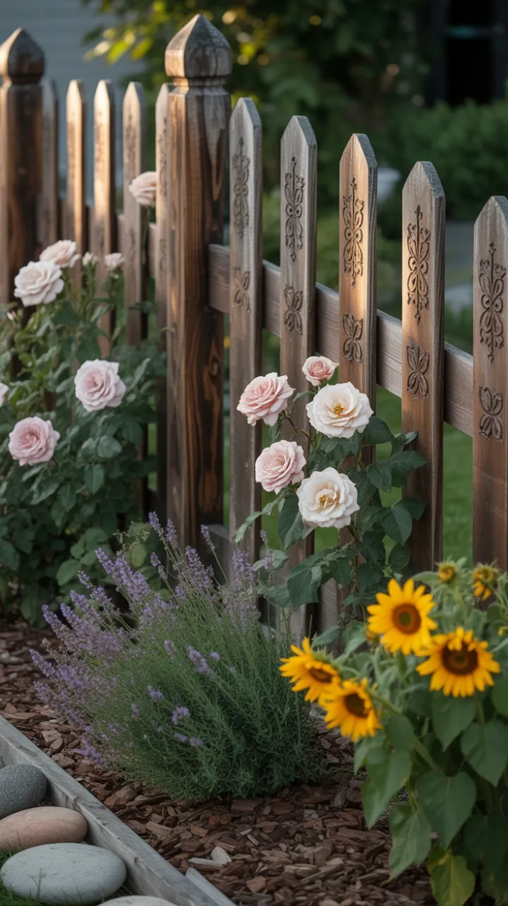 Sunlit Curve of Weathered Wood, Roses, and Lavender