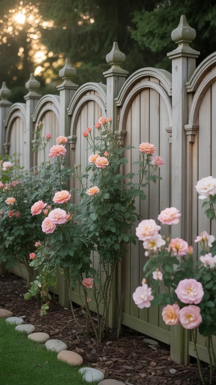 Sunlit Arched Garden Fence Draped in Blushing Roses