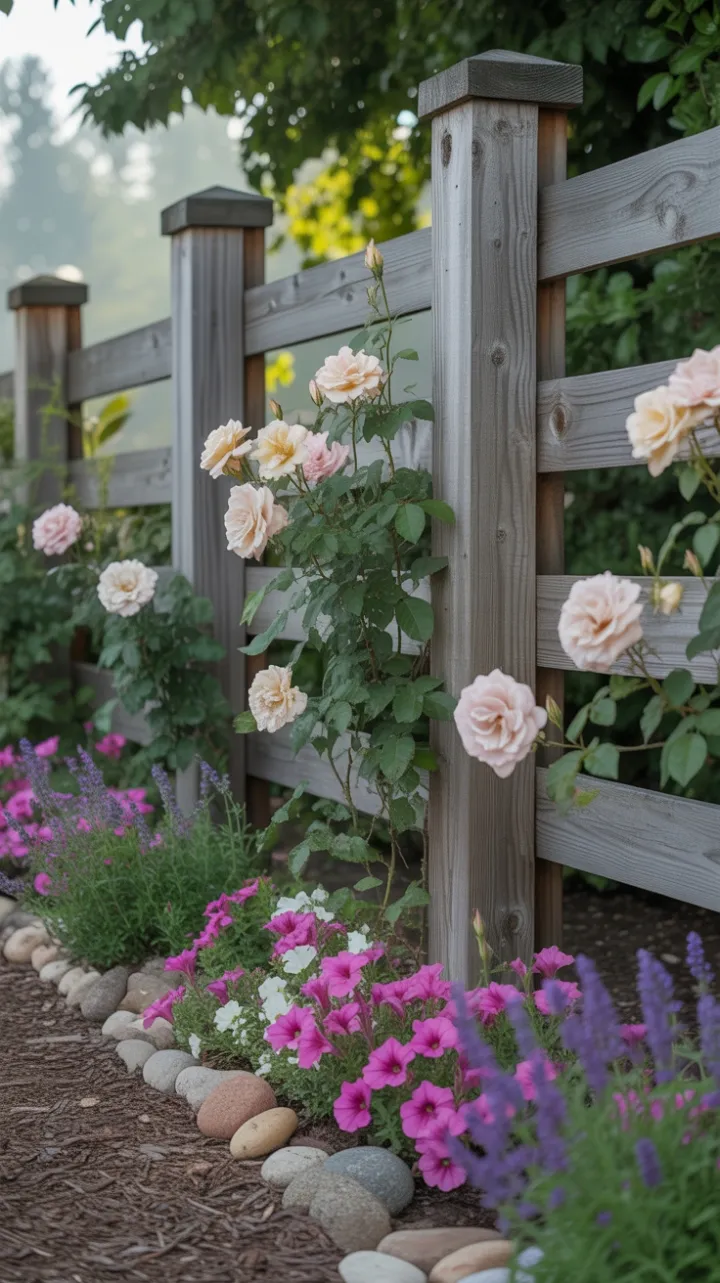 Sunlit Cedar Fence Embraced by Roses and Cascading Blooms