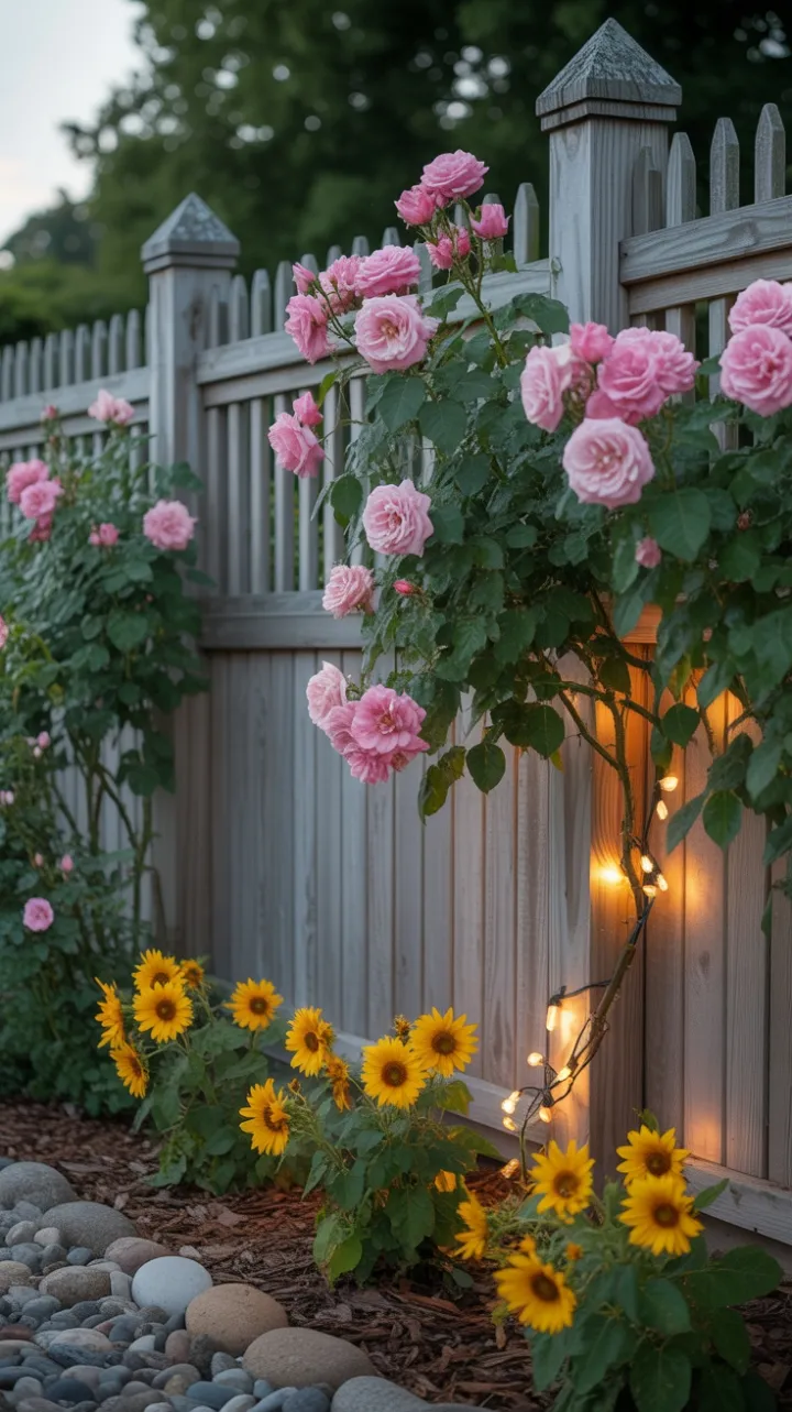 Rose-Kissed Weathered Fence in Golden Afternoon Glow