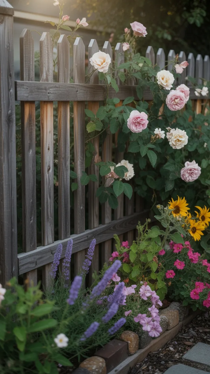 Sunlit Roses Threading a Weathered Garden Fence