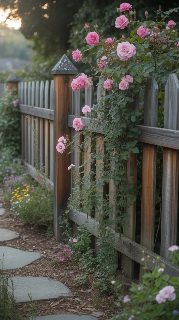 Sunlit Roses Cascading Over a Weathered Garden Fence