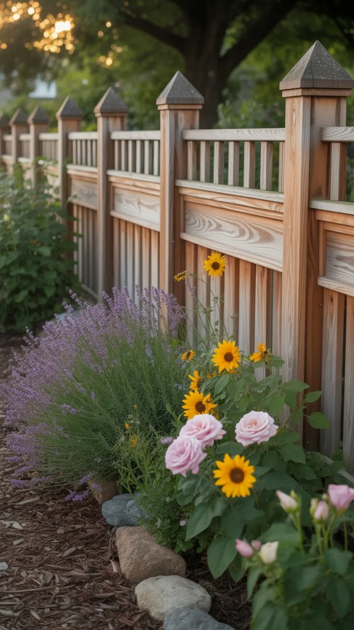 Sunlit Cedar Fence Framed by Lavender, Sunflowers and Roses