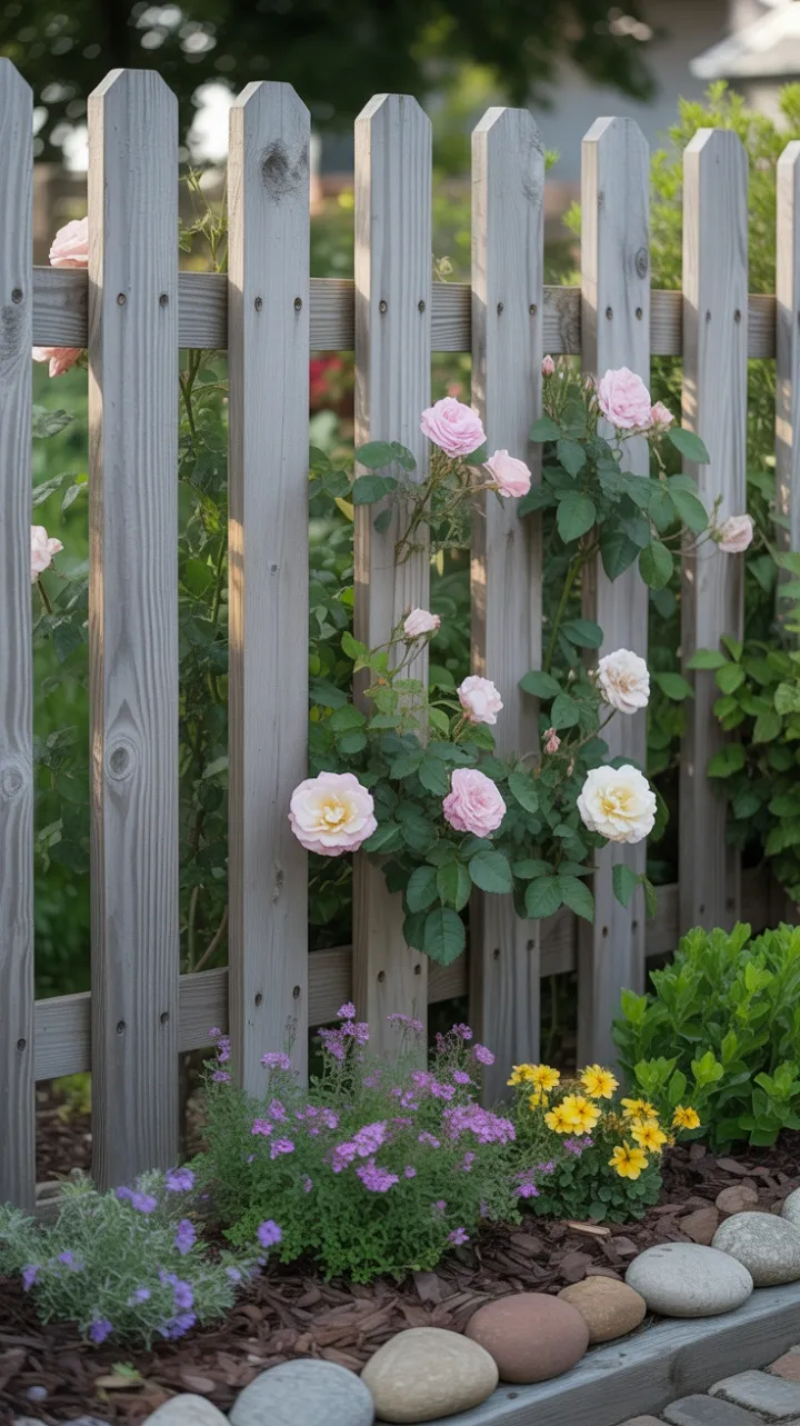 Sunlit Weathered Fence Wreathed in Pink and Cream Roses