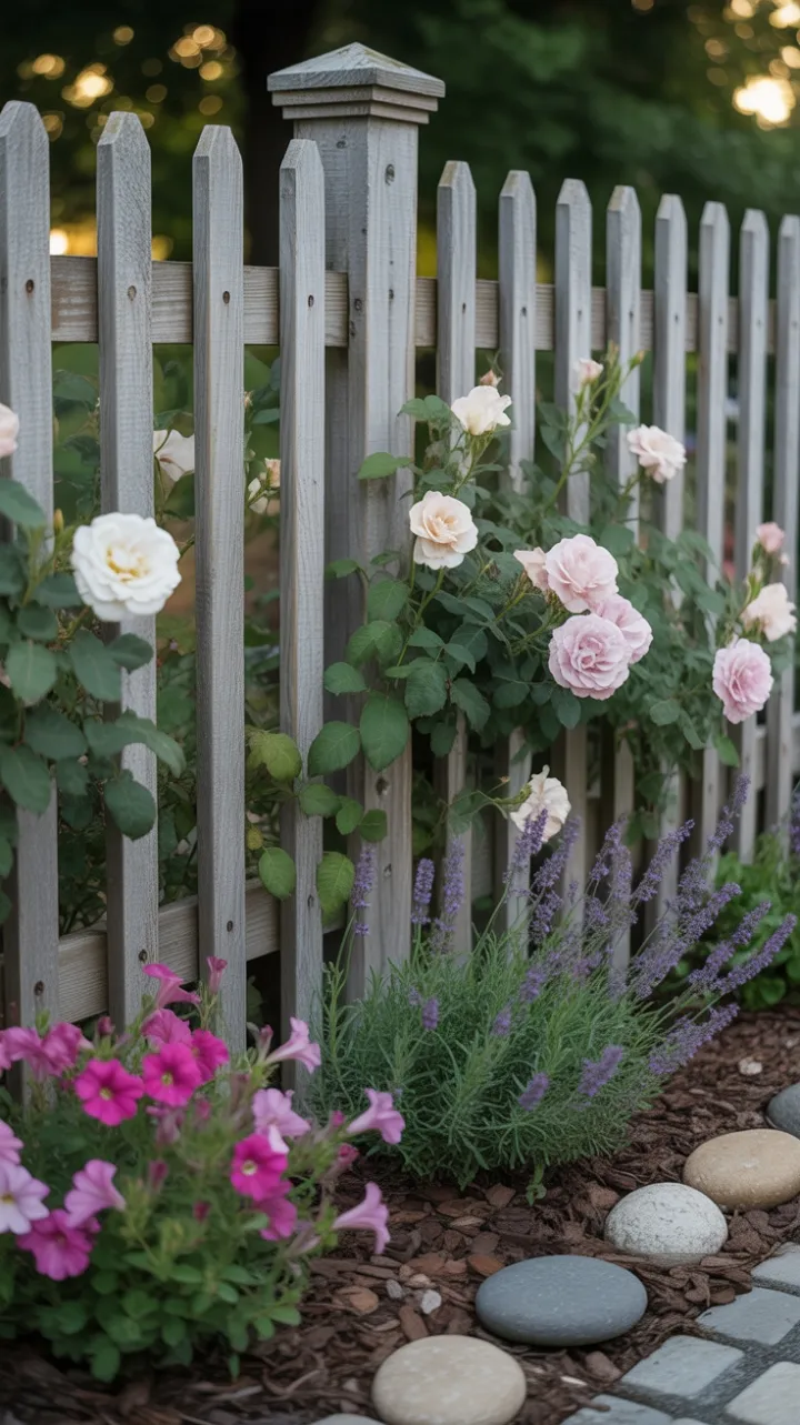 Sunlit Roses Twining Along a Weathered Garden Fence
