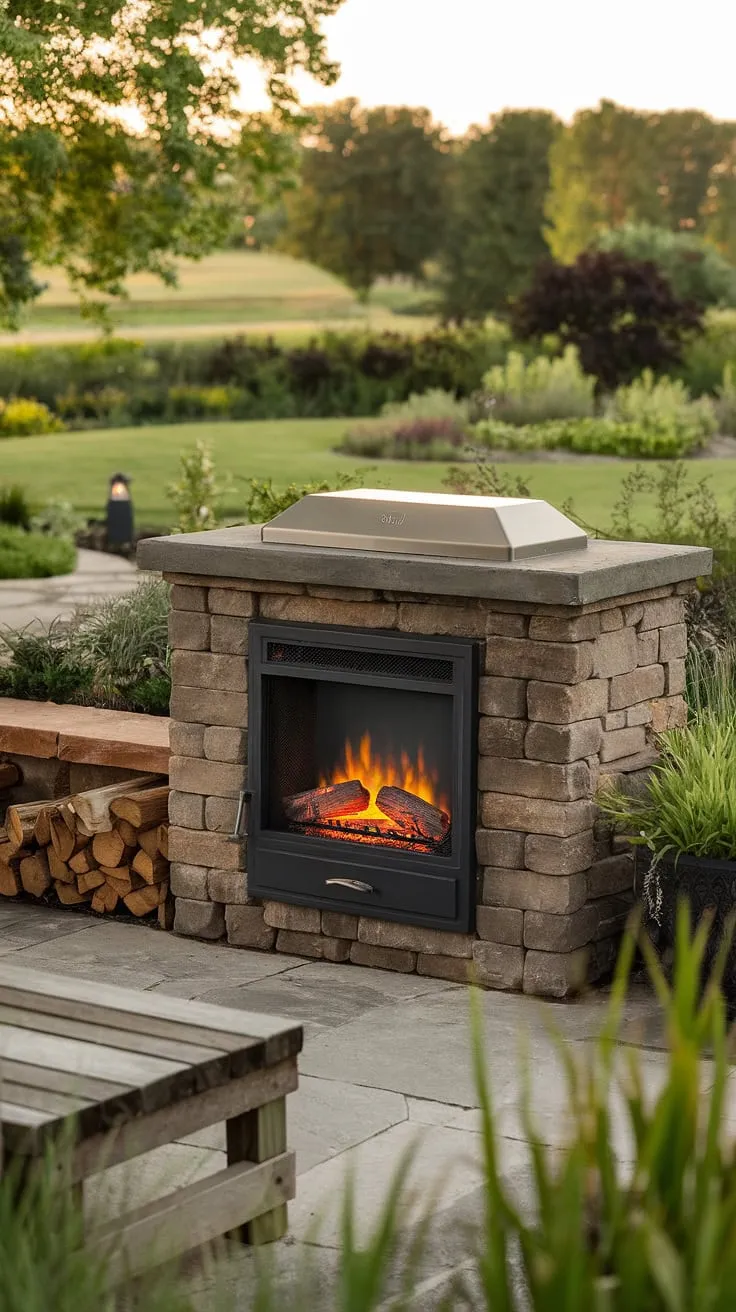 This electric outdoor fireplace is the ultimate addition to any outdoor living space.  Whether you have a large yard fireplace or a small patio, this stunning stone and metal design creates a welcoming atmosphere.  Perfect as a small backyard fireplace or even a garden fireplace, it's the ideal outdoor chimenea for those seeking warmth and style.
