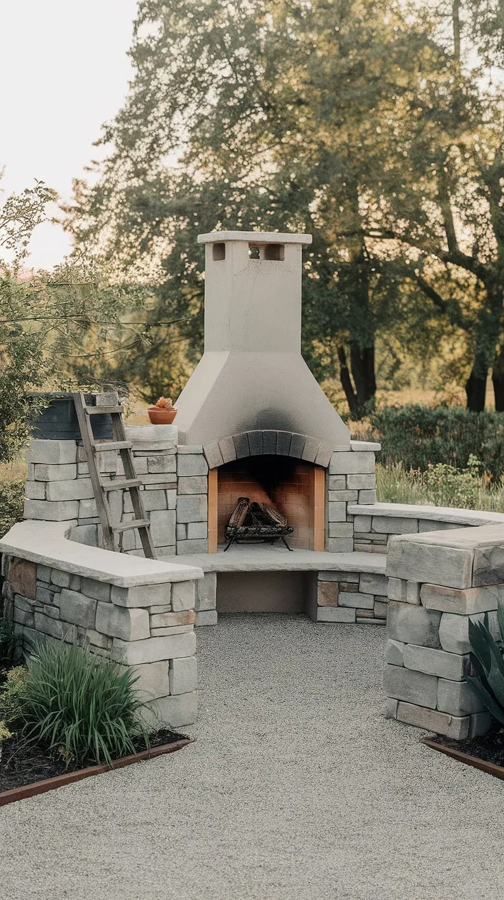 This cozy small backyard fireplace, perfect for intimate gatherings, transforms this small space into an enchanting outdoor living space. The stone garden fireplace, also functioning as a charming outdoor chimenea, offers warmth and ambiance, while the electric outdoor fireplace option keeps things convenient.  A perfect blend of rustic charm and modern practicality for your patio fireplace or yard fireplace needs.
