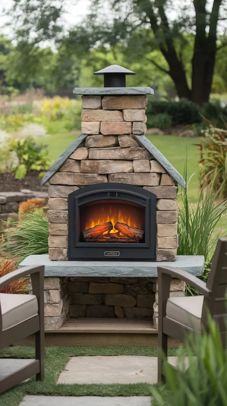 Imagine evenings spent beside this elegant electric outdoor fireplace, nestled within your lush garden. This small backyard fireplace offers the warmth and charm of a traditional outdoor fire pit, but with the convenience of an electric design.  It's the perfect addition to your patio fireplace area, creating a cozy outdoor living space, even in a small space.  This outdoor chimenea is a beautiful and practical addition to any garden fireplace setup.