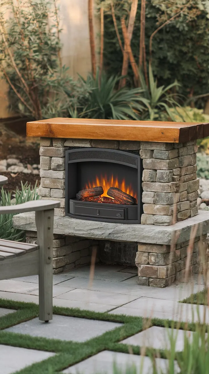 Cozy nights and warm gatherings are made easy with this electric outdoor fireplace.  Perfect for creating an inviting outdoor living space, this small space fireplace is ideal for even the smallest backyard, transforming your patio fireplace or yard fireplace into a magical outdoor chimenea.  Its stone and wood design complements any garden fireplace setting.