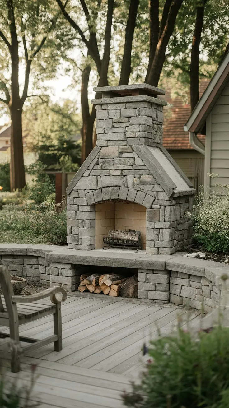 Imagine crisp autumn nights spent beside this garden fireplace.  A small backyard fireplace with a big impact, this outdoor fireplace and wooden deck create the ultimate outdoor living space.  Whether you envision a roaring fire or a gentle ember glow, this patio fireplace is the perfect addition to any small space. This stone and brick masterpiece is more than just a yard fireplace; it's an invitation to unwind.