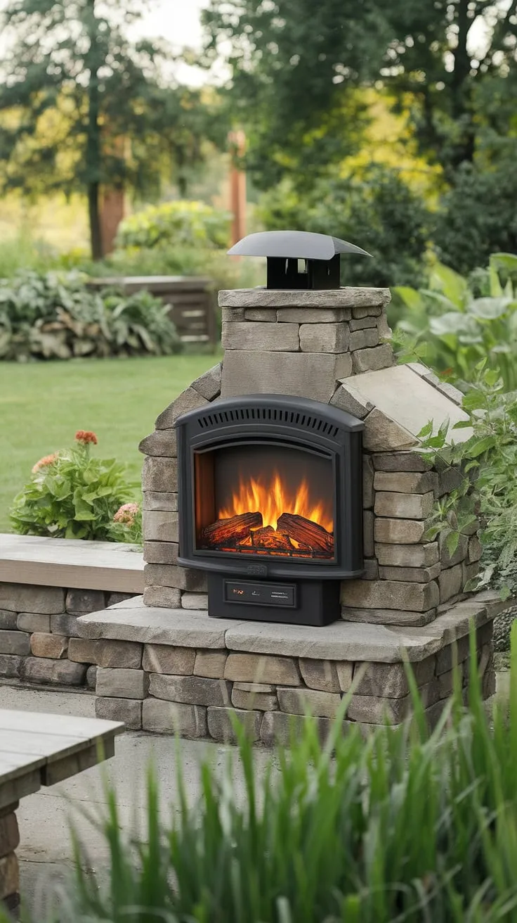 Escape to your own private oasis with this electric outdoor fireplace.  The perfect blend of rustic charm and modern convenience, this garden fireplace creates a warm and inviting outdoor living space, ideal for cozy evenings in your small backyard.  Its compact design makes it perfect as a small space fireplace or patio fireplace, offering the ambiance of a traditional outdoor fire pit or outdoor chimenea without the hassle.