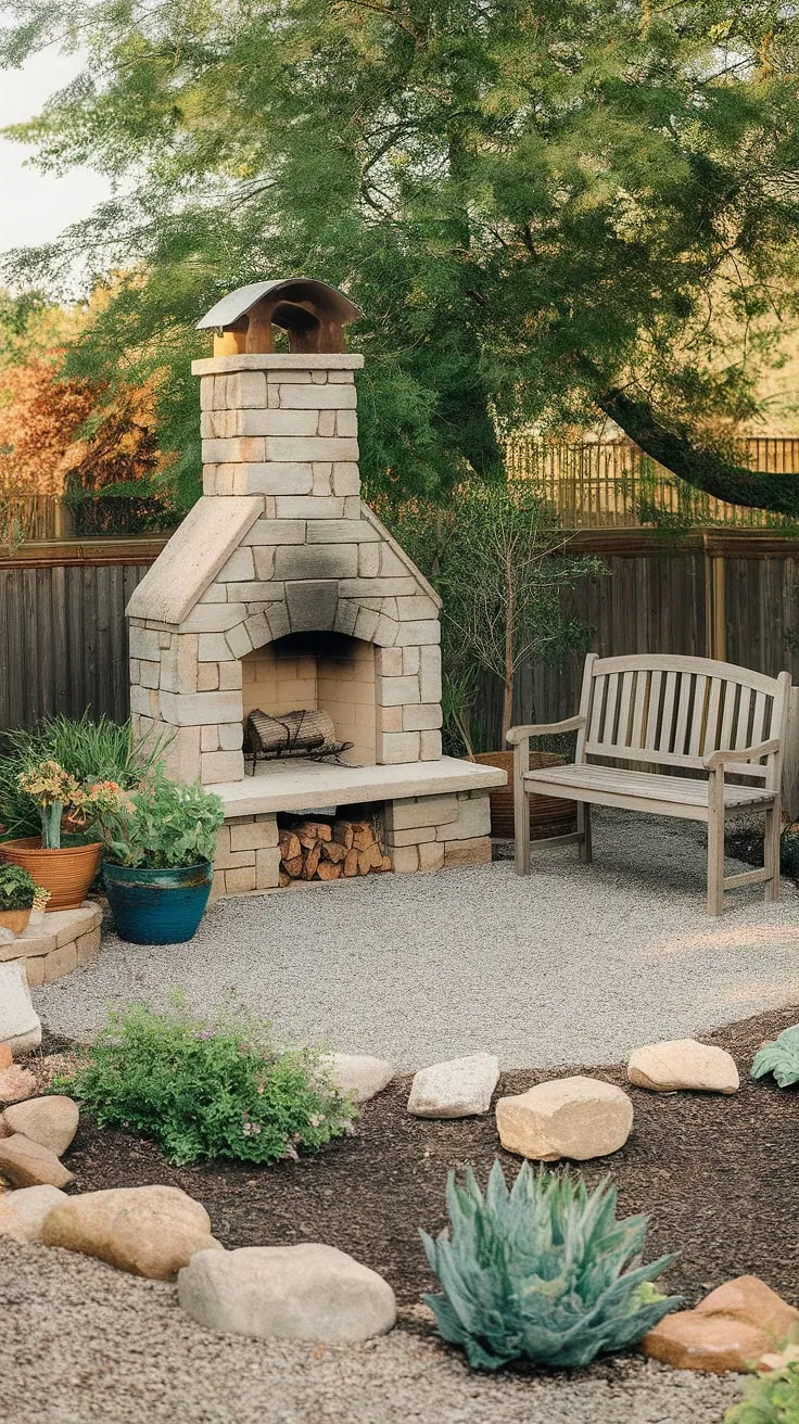 Cozy evenings await in this enchanting outdoor living space, complete with a charming small backyard fireplace perfect for intimate gatherings. The stone garden fireplace, also ideal as a patio fireplace or even a small space fireplace, creates a warm ambiance amidst potted plants and gravel pathways.  This outdoor fire pit offers the perfect blend of rustic charm and modern convenience, easily transforming your yard into a magical retreat.