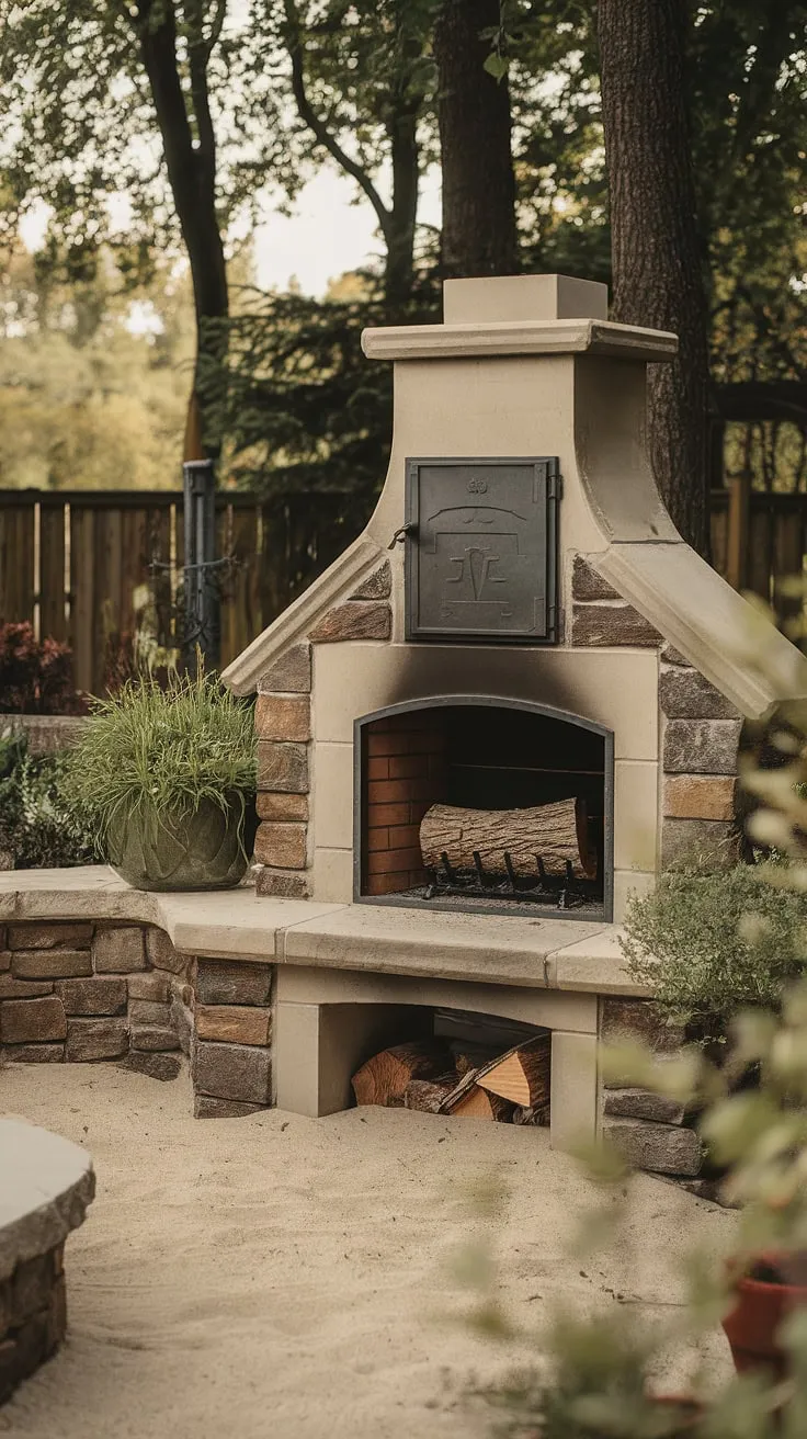 Escape to tranquility in this cozy outdoor living space, where a charming small space fireplace, nestled amongst potted plants, offers warmth and ambiance. This garden fireplace, also perfect as a yard fireplace or patio fireplace, creates the ideal setting for intimate gatherings.  The electric outdoor fireplace option would be a stylish addition.