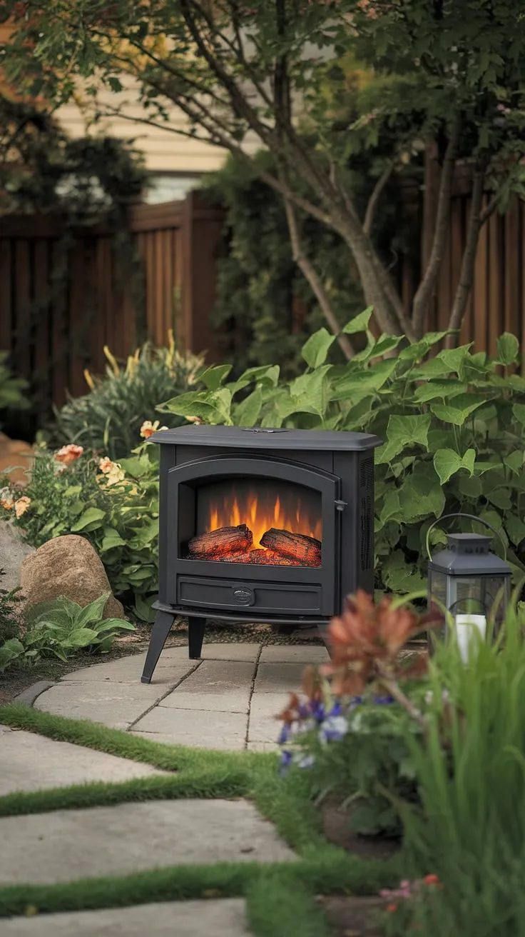 Imagine cozy evenings spent beside this electric outdoor fireplace, nestled in a vibrant garden setting.  The perfect blend of warmth and beauty for your outdoor living space, this small space fireplace offers the ambiance of a traditional outdoor fire pit or outdoor chimenea, without the hassle.  It's the ideal addition to any patio fireplace or yard fireplace arrangement.