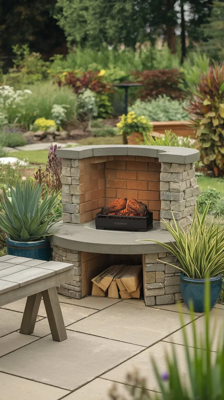 Imagine cozy evenings spent by this charming electric outdoor fireplace, nestled in your own private garden oasis.  This small space fireplace, perfect for a small backyard fireplace or patio fireplace, creates the perfect ambiance for your outdoor living space.  Its stone design complements the lush greenery, transforming your yard fireplace into a captivating outdoor chimenea.
